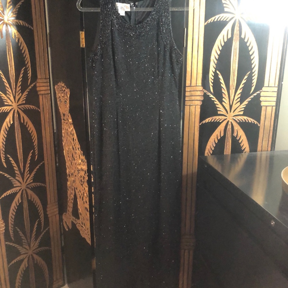 Black Silk Beaded Evening Gown- Size PL